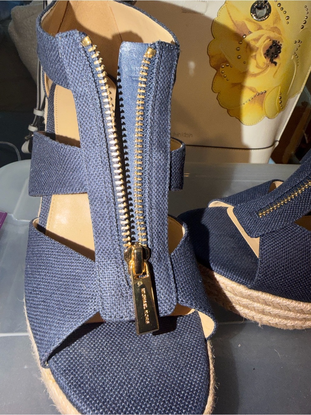 Michael Kors Navy Canvas Espadrille Wedge Sandals with Gold Zip - Picture 3 of 5